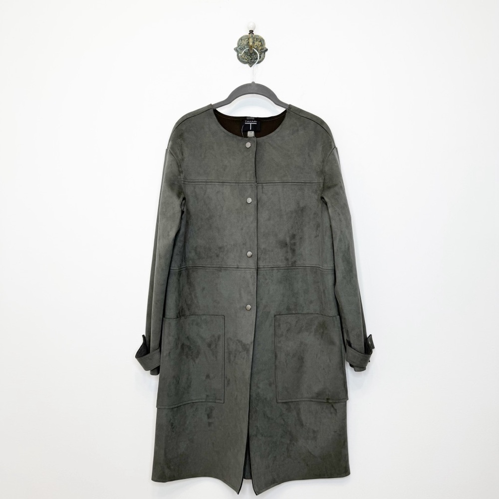 T Tahari Gray Faux Leather Snap Front Duster Jacket Top Coat  Women's Size M NWT